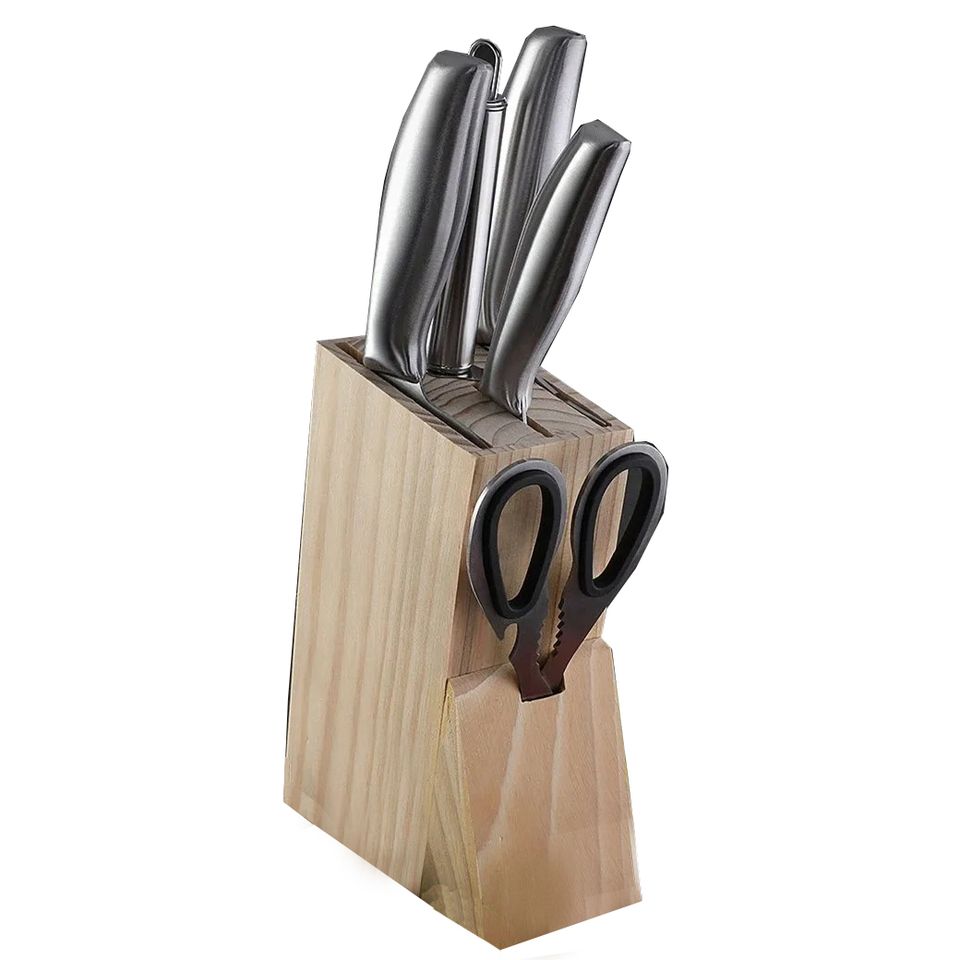 Set de cuchillos, tijera y base de madera