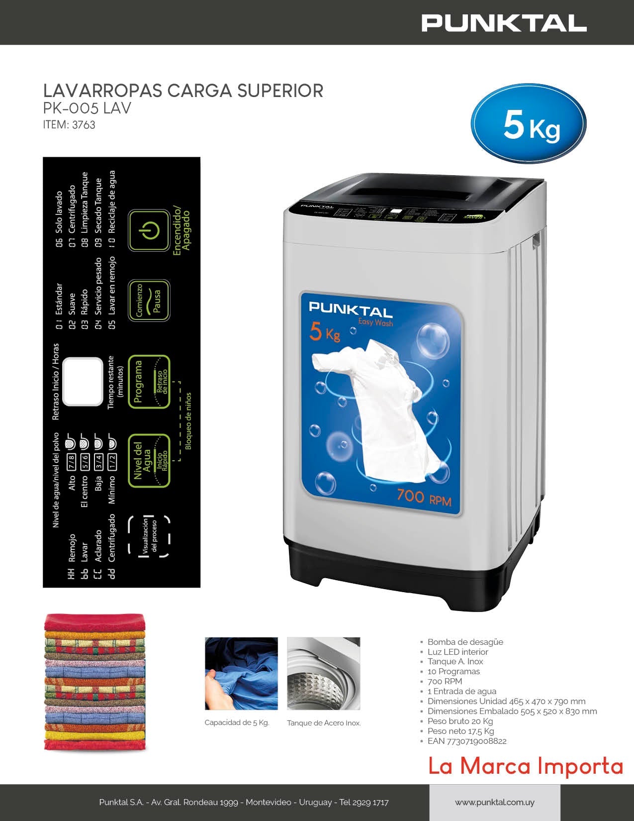 Lavarropas superior Punktal 5Kg PK-005