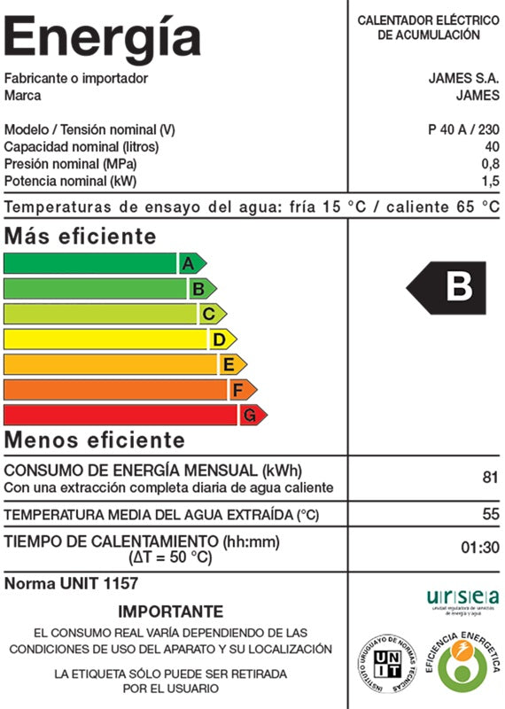 Termotanque James 40L