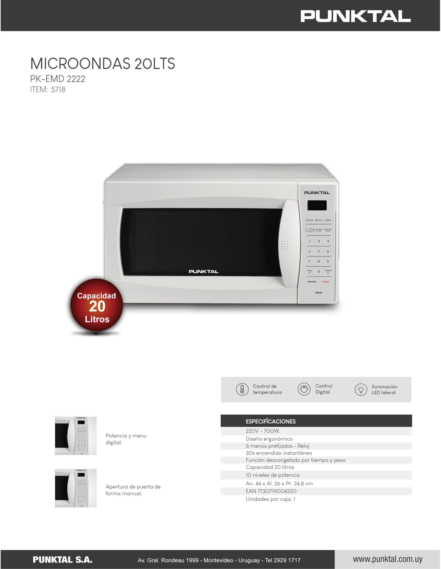 Microondas Punktal. 20L digital