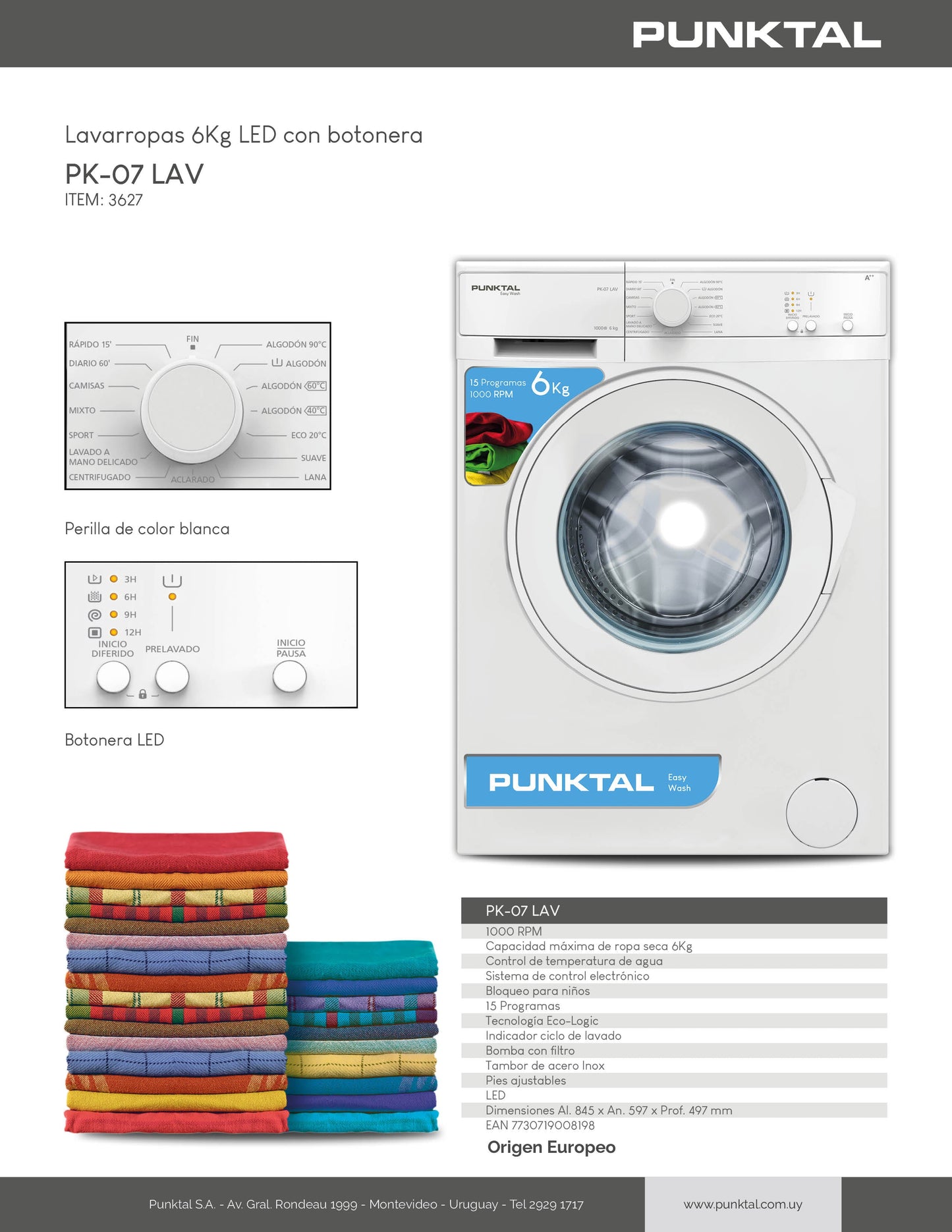 Lavarropas frontal Punktal 6kg PK-07