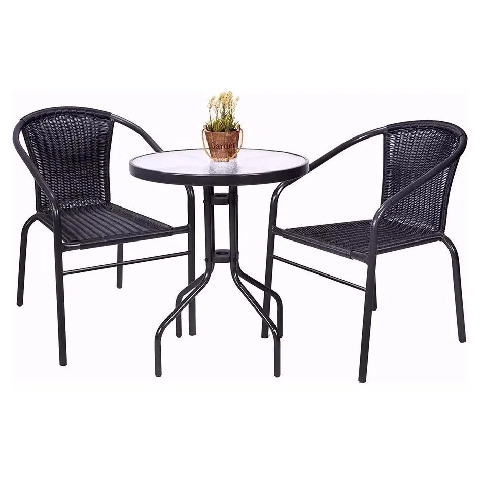 Juego de patio mesa circular y 2 sillas - RATTÁN NEGRO