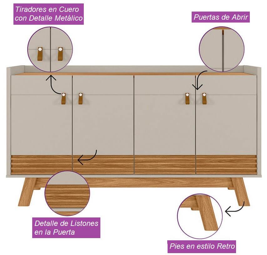 Aparador 4 puertas 160cm Abruzzo - Freijo/Off White.