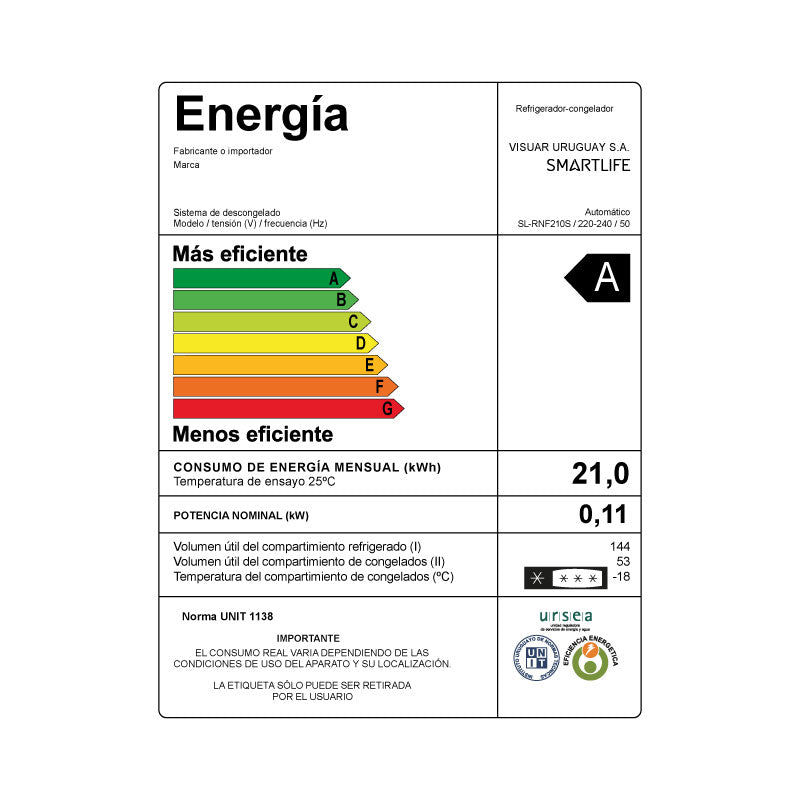 Heladera Smartlife 216L - SL-RNF210S