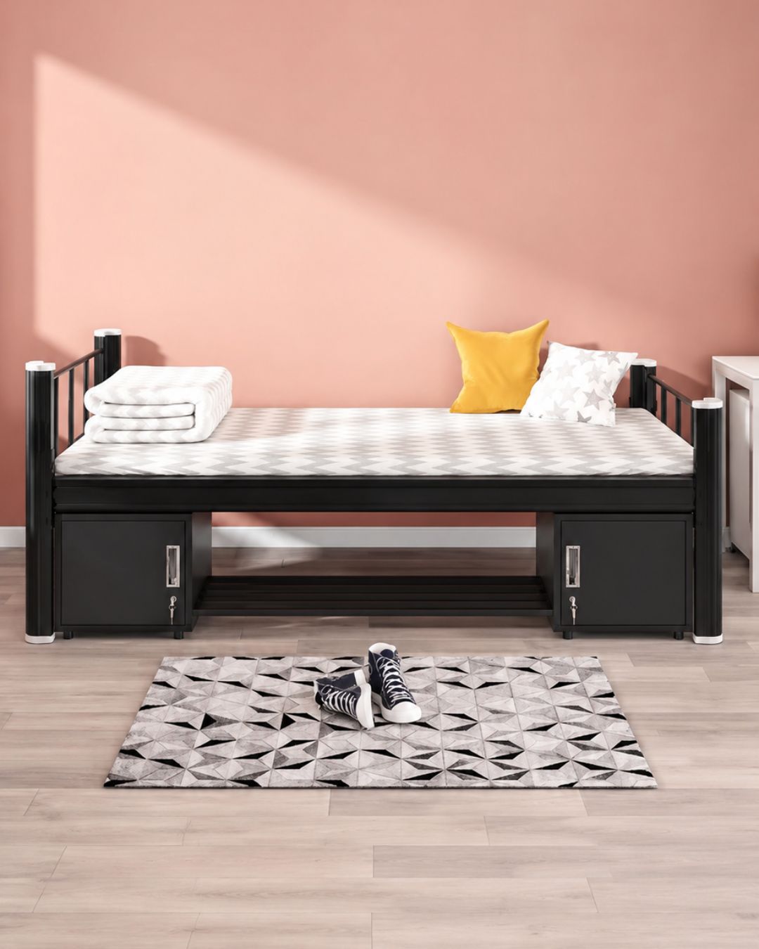 Cama 1 plaza de metal con dos cajones - Negro