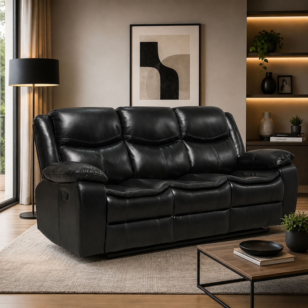 Sillón reclinable 3 cuerpos en PU - NEGRO