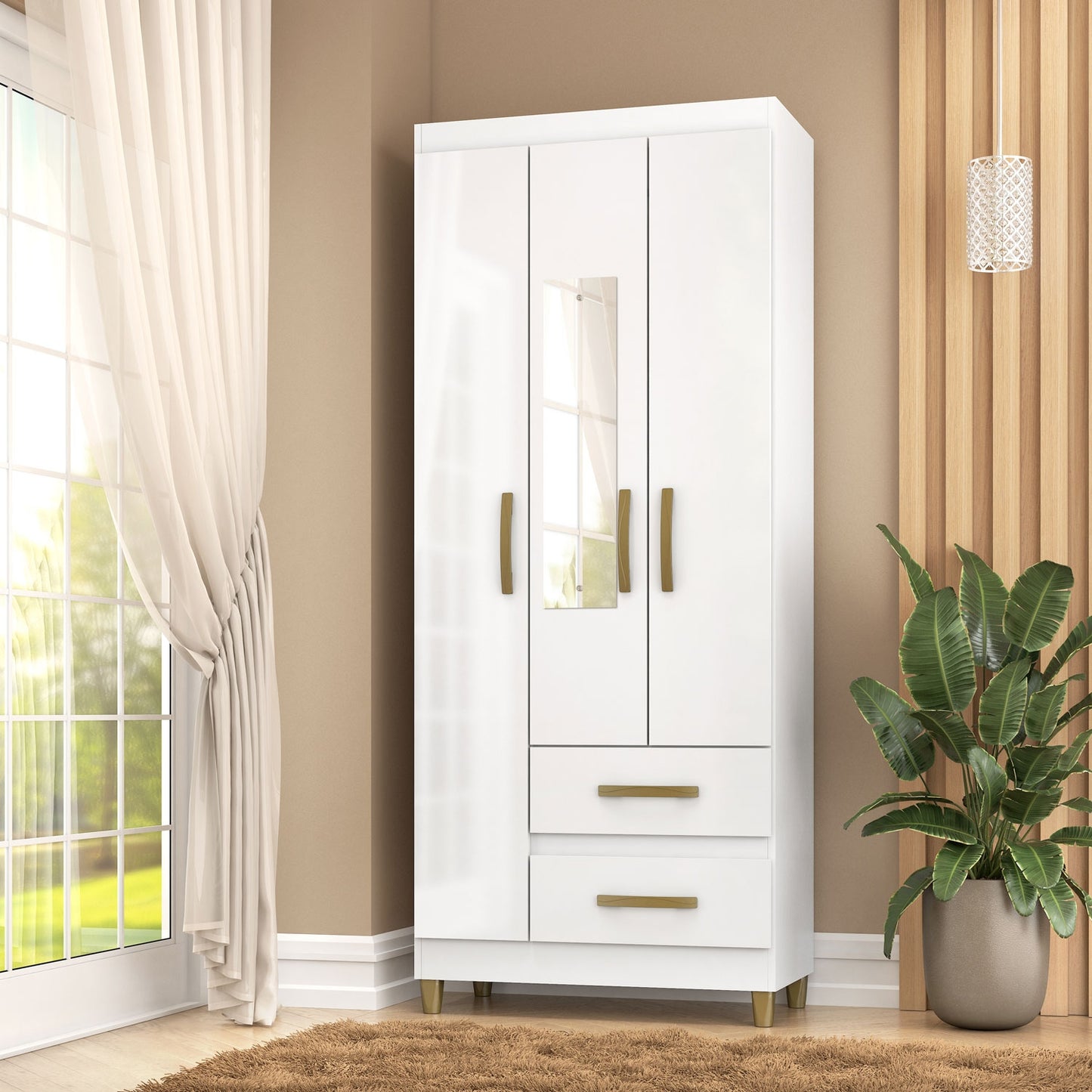 Ropero PORTO 3 puertas 2 cajones RP1320 CON ESPEJO - BLANCO FLEX