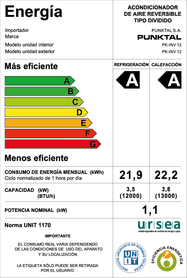 Aire Acondicionado Punktal Inverter 12000 BTU