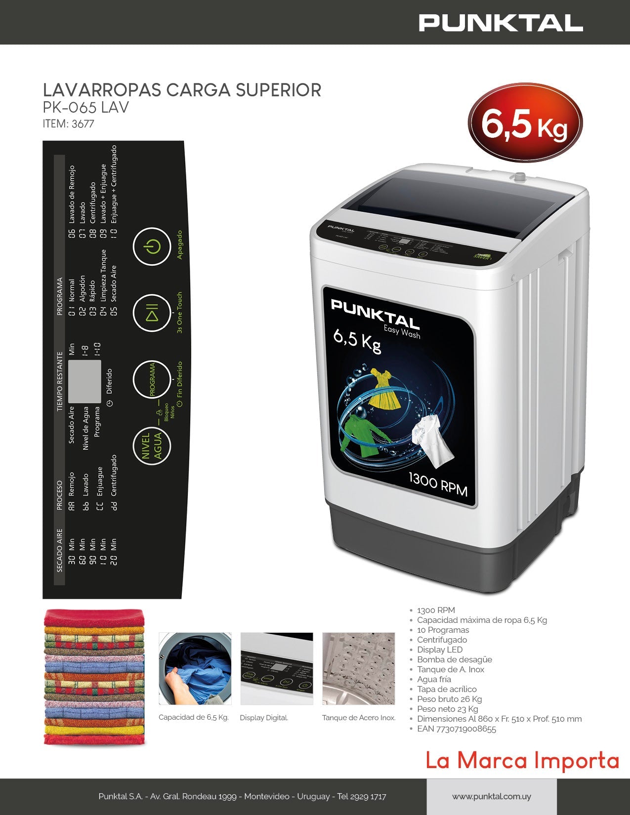 Lavarropas superior Punktal 6,5Kg PK-065