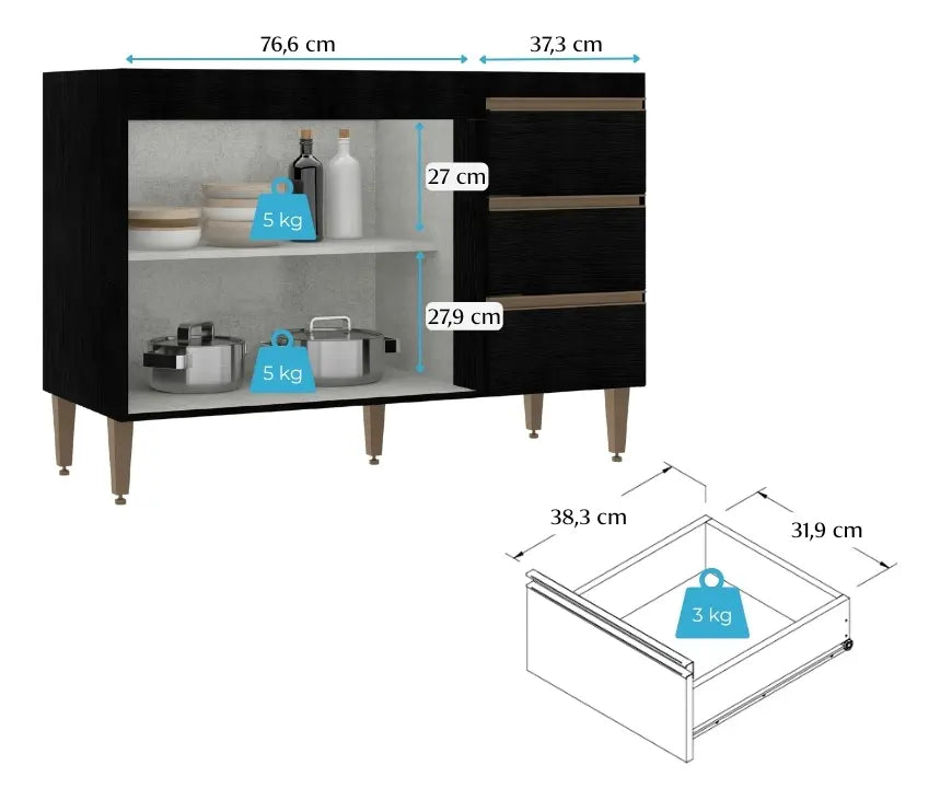 Bajo mesada 2 puertas y 3 cajones PERFIL 449 - NEGRO