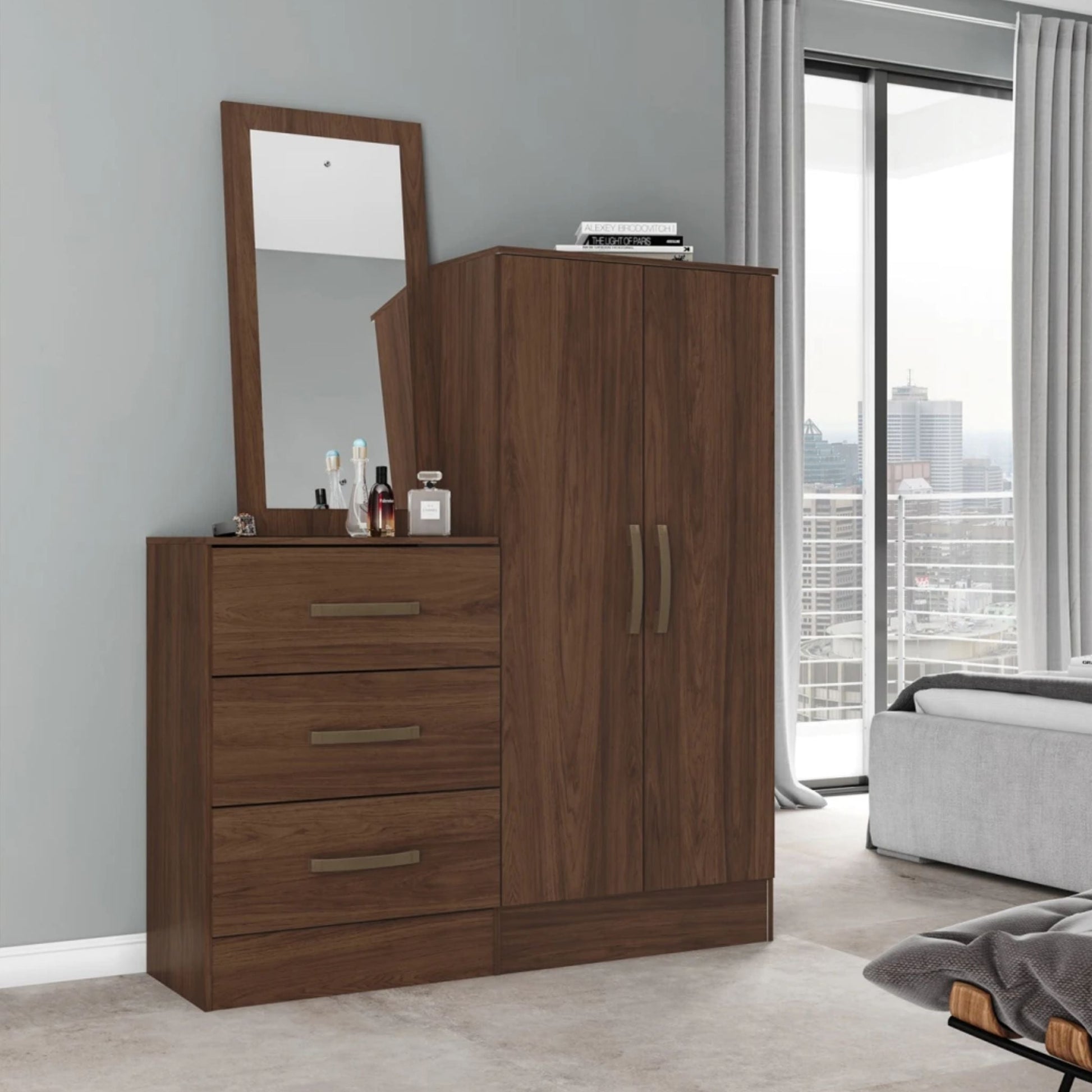 Ropero con cómoda y espejo B700 - MARRÓN