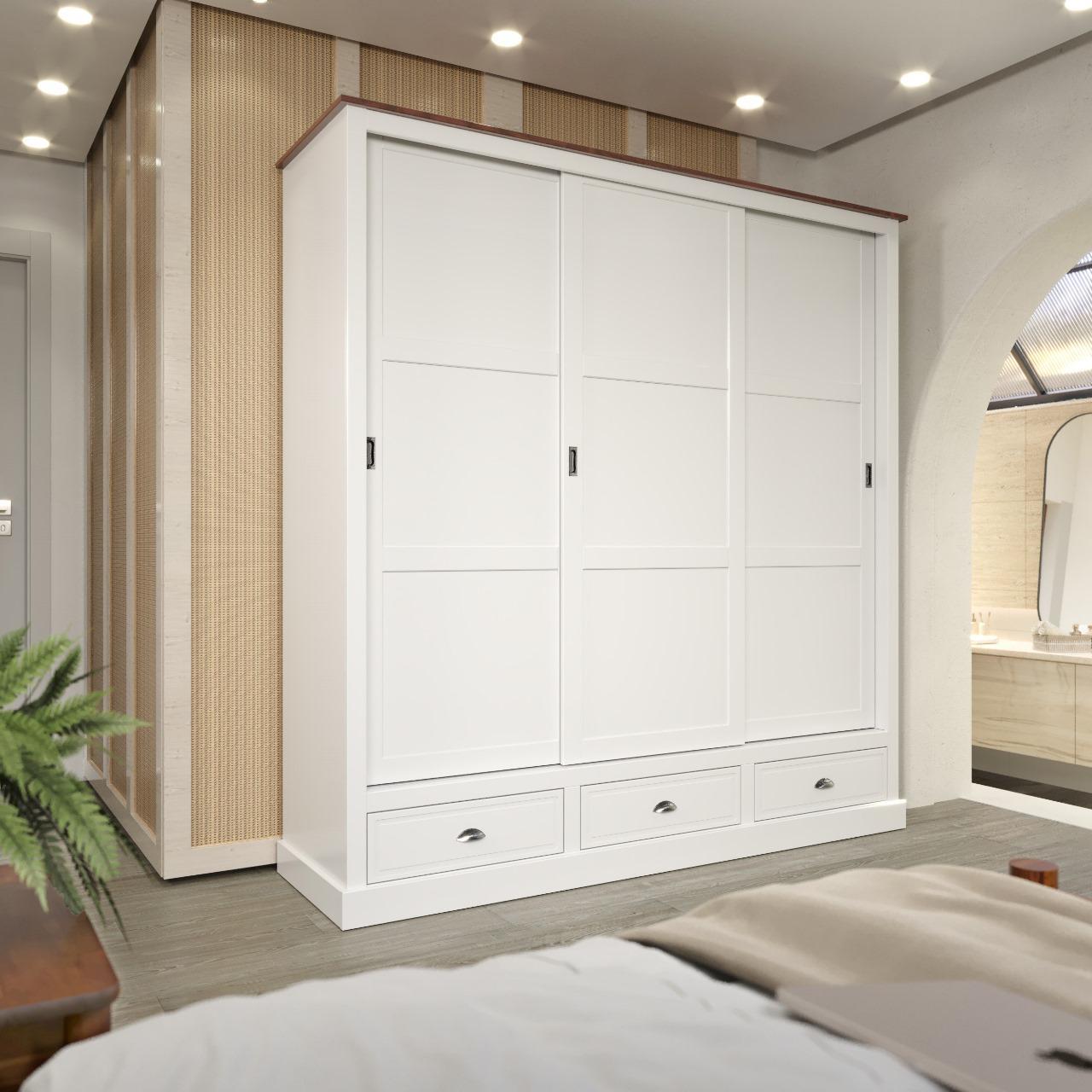 Ropero 3 puertas corredizas madera maciza - BLANCO