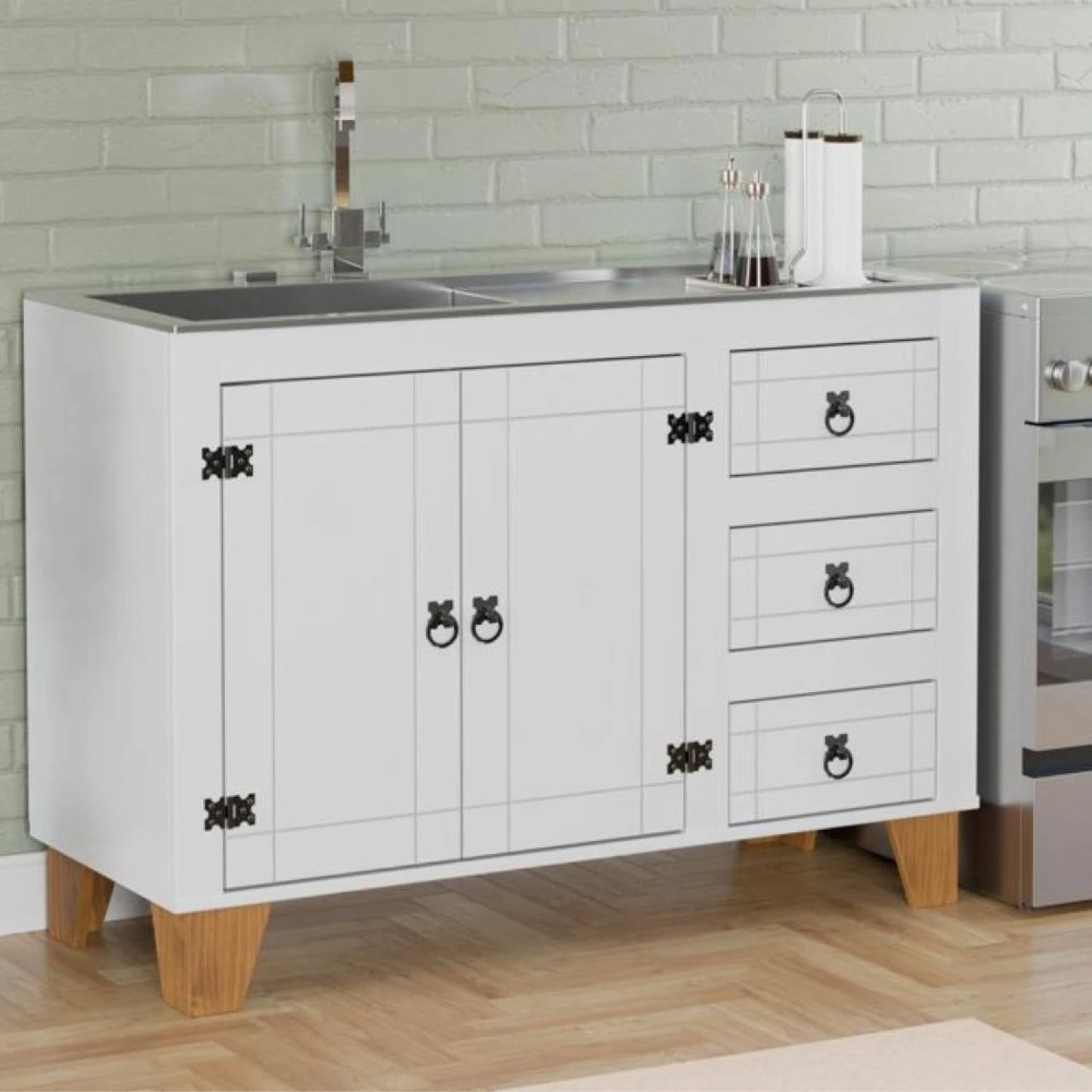 Bajo Mesada 120cm 2 Puertas 3 Cajones Linea Naturale CS030 - Blanco/Roble