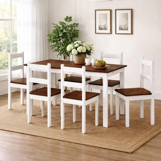 Juego de comedor madera lustrado 6 sillas APA-6 - BLANCO/CERA