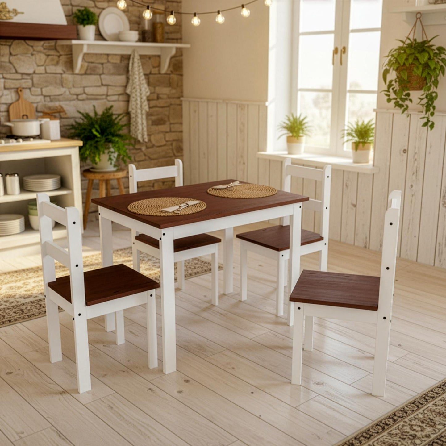 Juego de comedor madera lustrado 4 sillas APA-4S - BLANCO/CERA