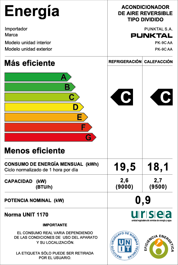 Aire acondicionado Punktal 9000 BTU
